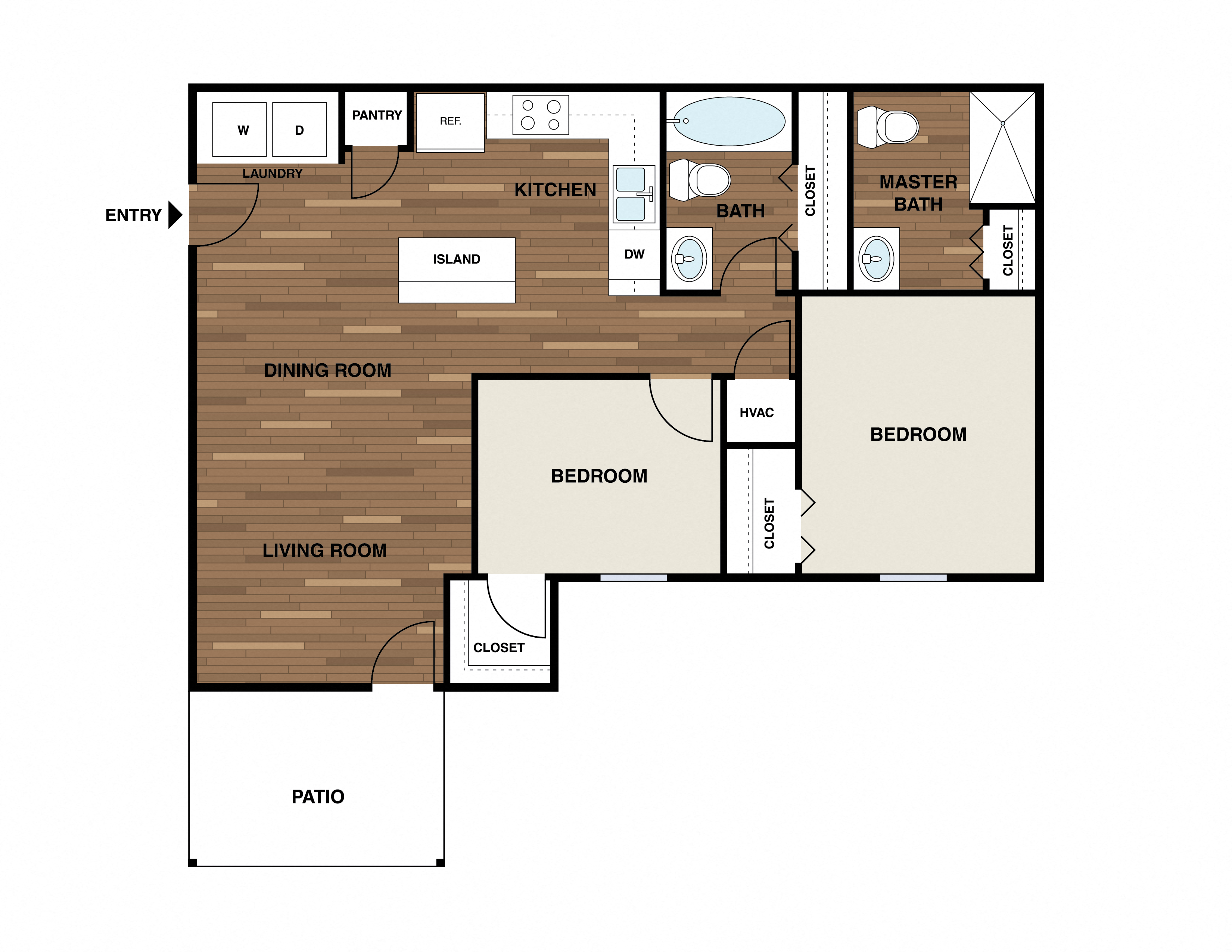 Floor plan for 2 beds, 2 baths, 870 sqft